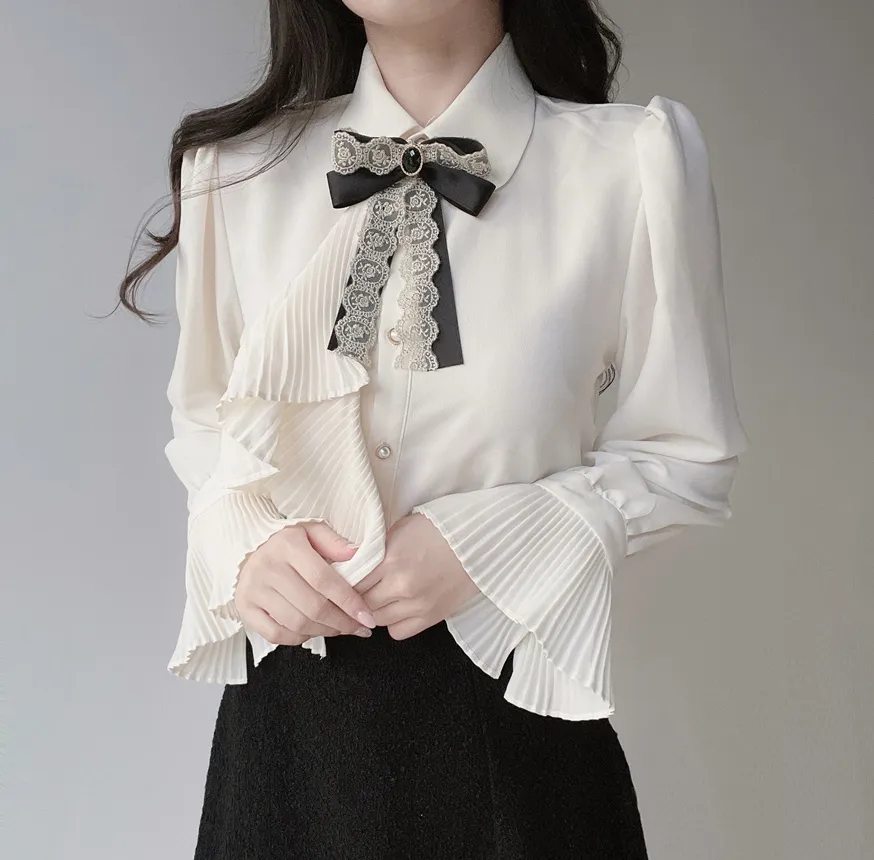 シャーリングボウタイベルスリーブブラウスブローチ付 | mirangmirang | 詳細画像5