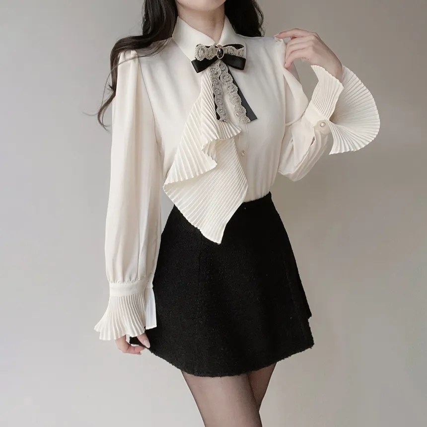 シャーリングボウタイベルスリーブブラウスブローチ付 | mirangmirang | 詳細画像7