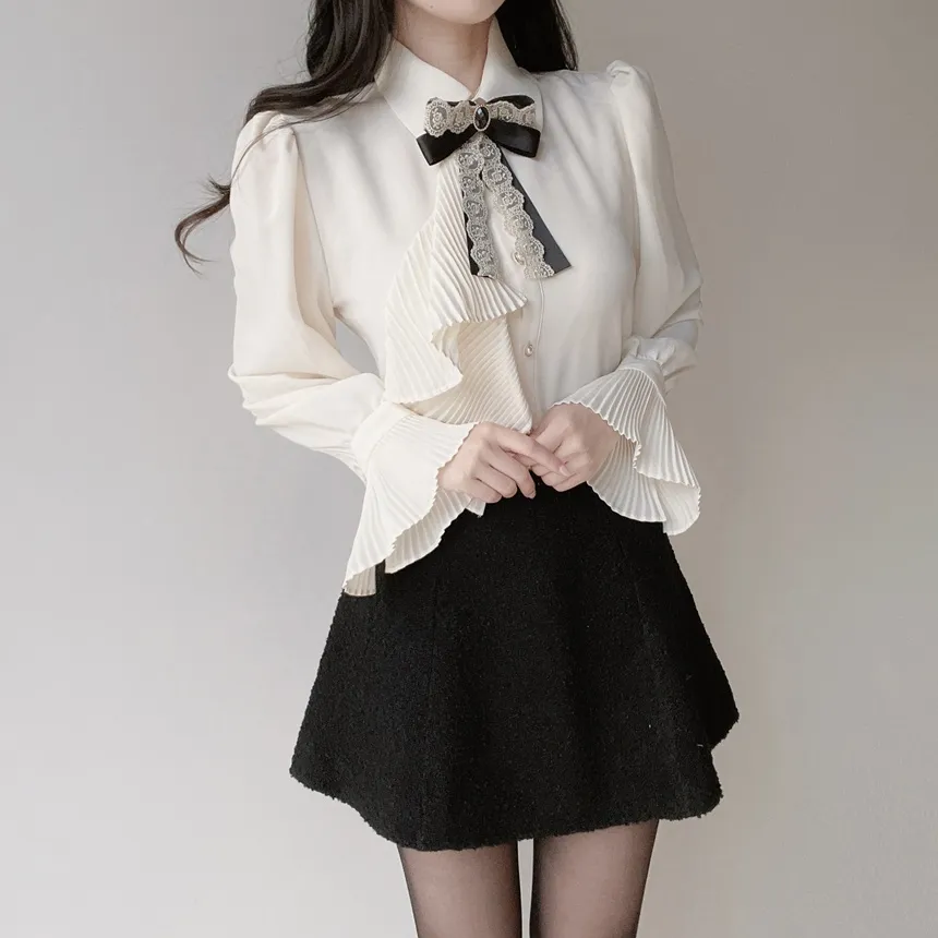 シャーリングボウタイベルスリーブブラウスブローチ付 | mirangmirang | 詳細画像11