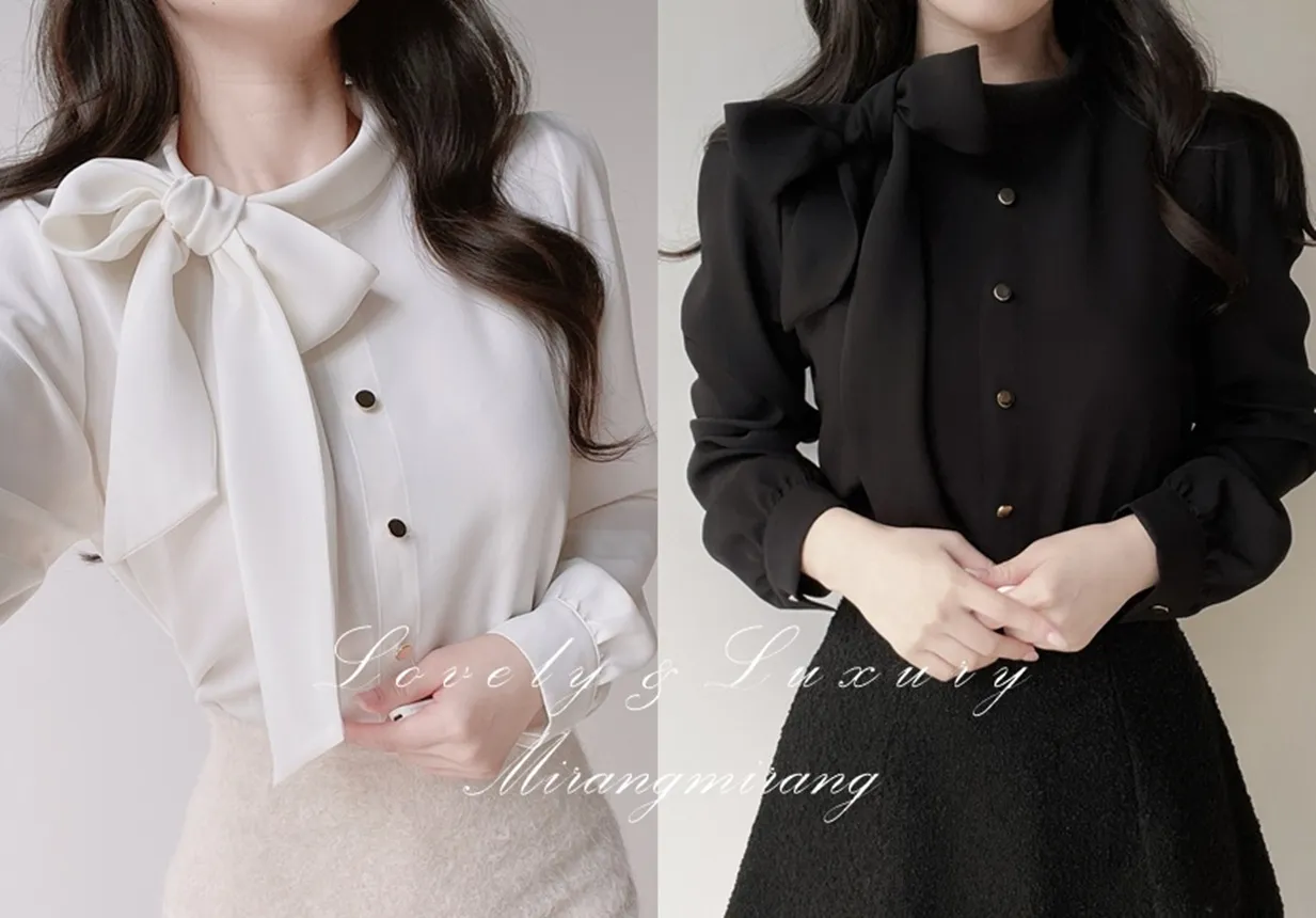 ボウタイフェイクボタンブラウス | mirangmirang | 詳細画像1