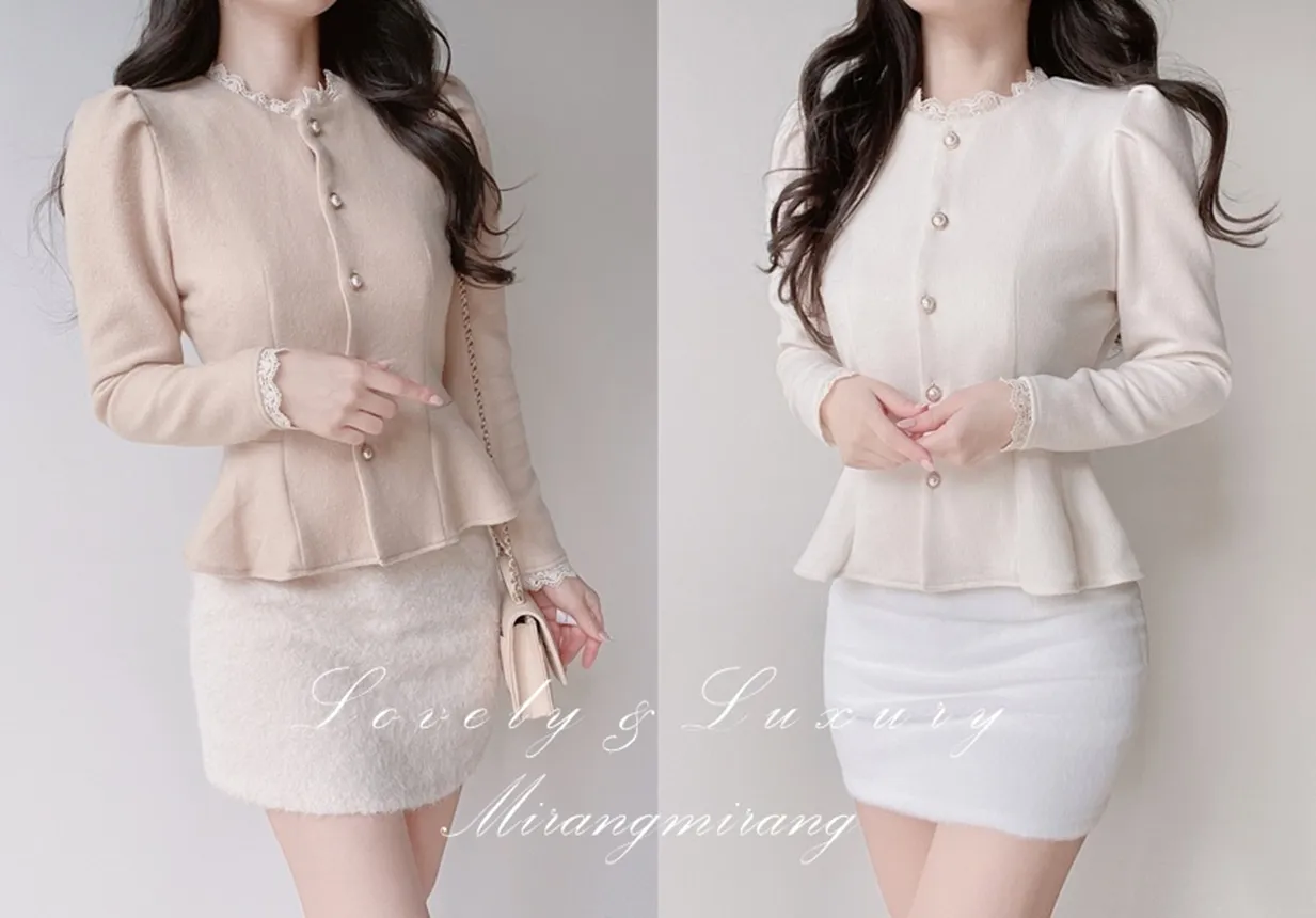 ニットレースアップパール調ボタンパフスリーブペプラムブラウス | mirangmirang | 詳細画像1