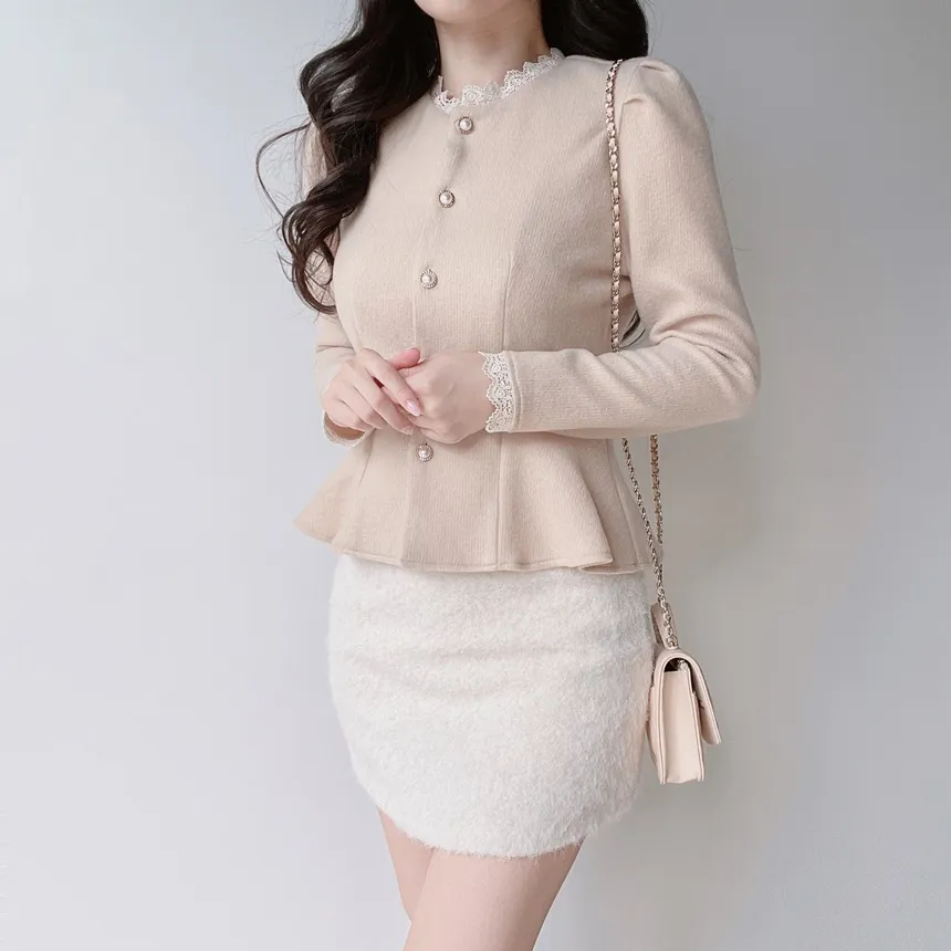 ニットレースアップパール調ボタンパフスリーブペプラムブラウス | mirangmirang | 詳細画像4