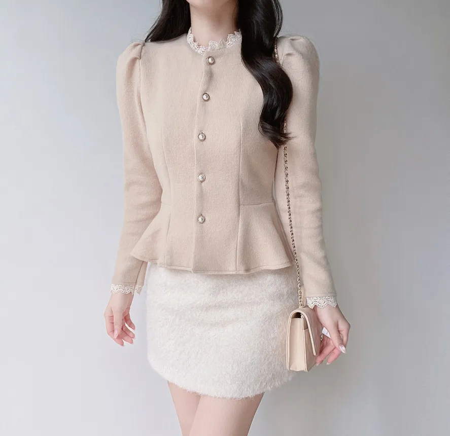 ニットレースアップパール調ボタンパフスリーブペプラムブラウス | mirangmirang | 詳細画像6