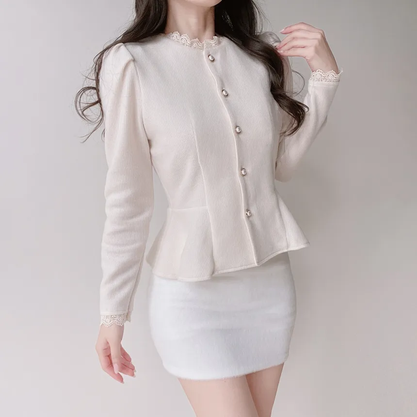 ニットレースアップパール調ボタンパフスリーブペプラムブラウス | mirangmirang | 詳細画像10