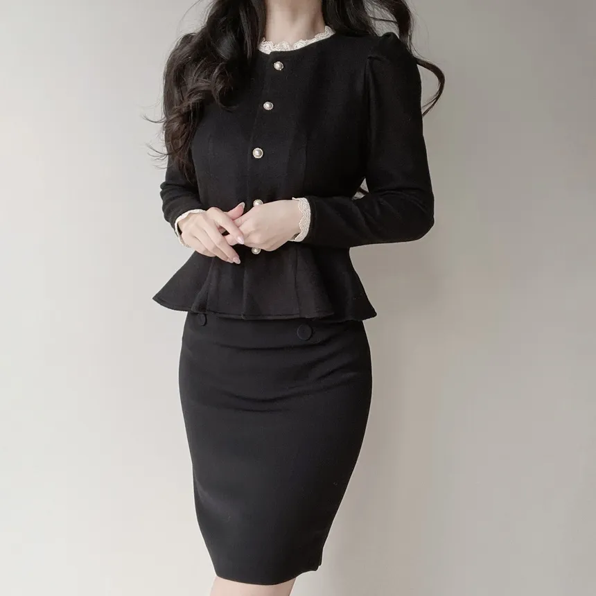 ニットレースアップパール調ボタンパフスリーブペプラムブラウス | mirangmirang | 詳細画像14