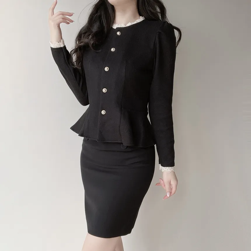 ニットレースアップパール調ボタンパフスリーブペプラムブラウス | mirangmirang | 詳細画像15