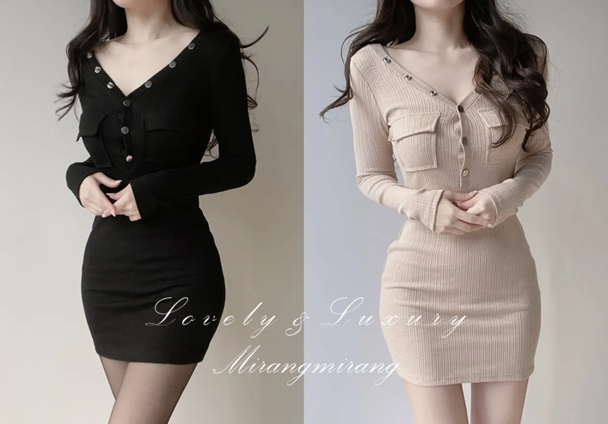 リブVネックボタンミニポケットワンピース | mirangmirang | 詳細画像1