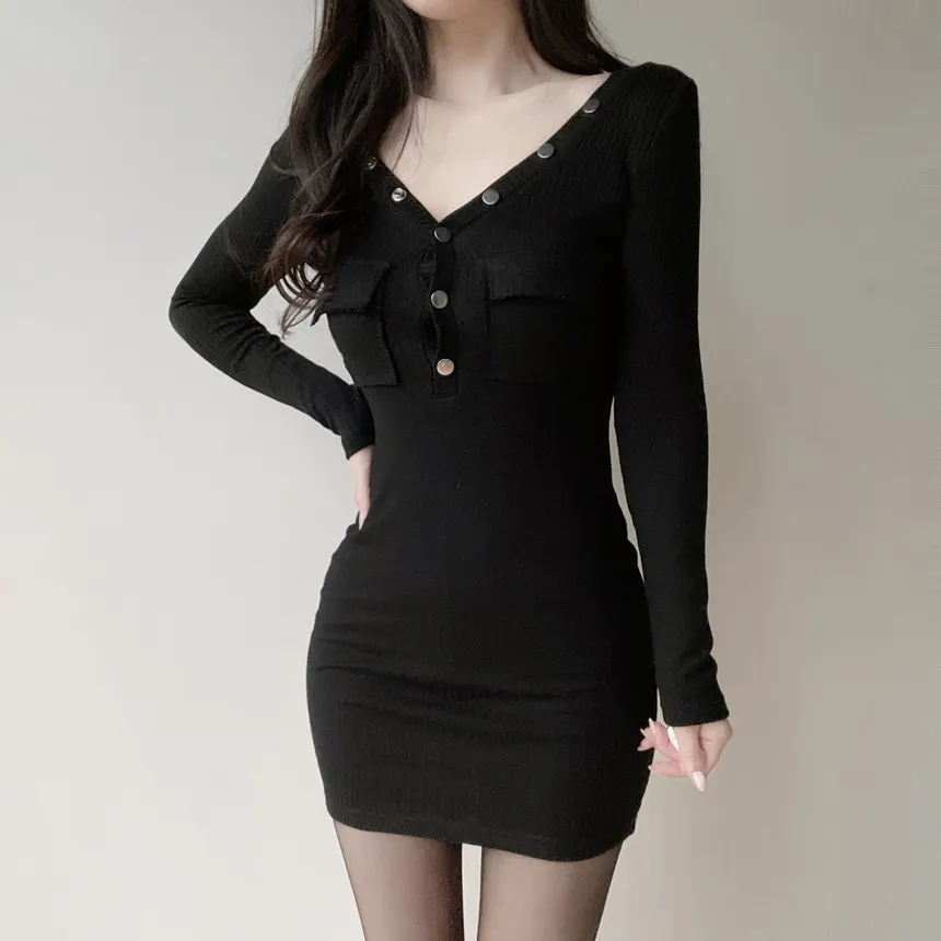 リブVネックボタンミニポケットワンピース | mirangmirang | 詳細画像5