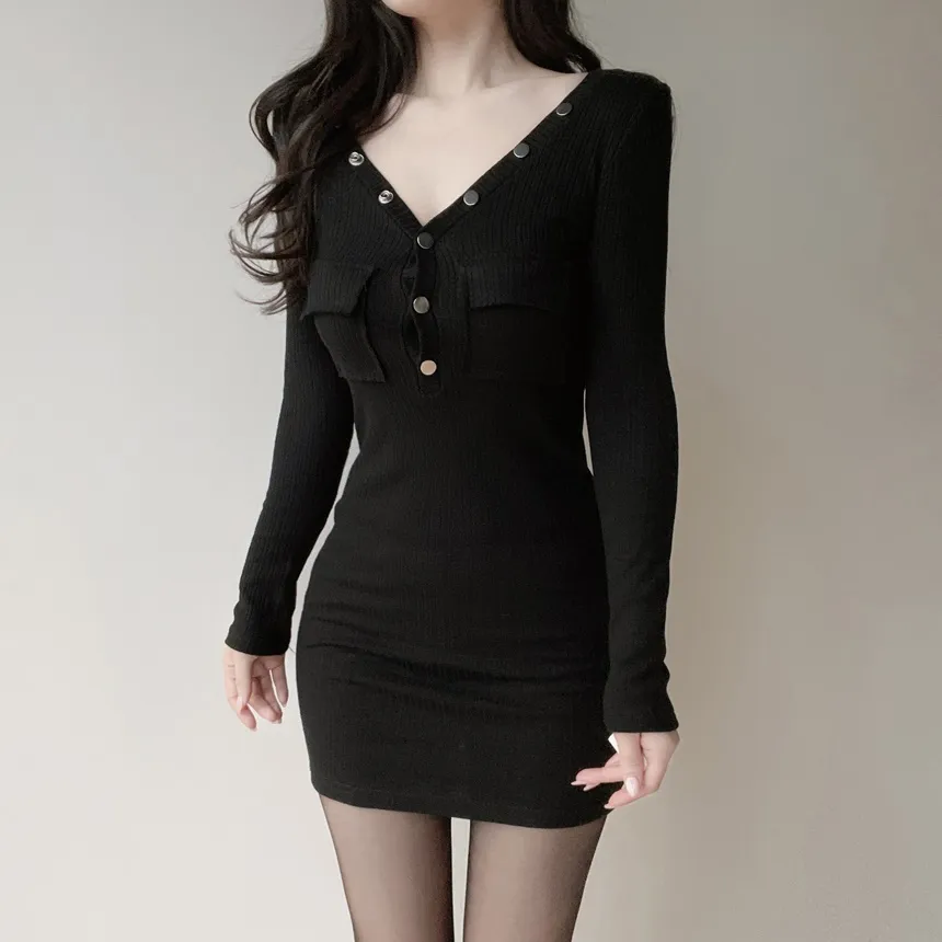 リブVネックボタンミニポケットワンピース | mirangmirang | 詳細画像6