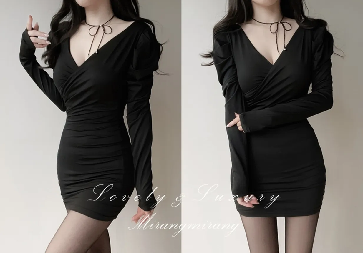 ストレッチシャーリングパフスリーブVネックミニワンピース | mirangmirang | 詳細画像1