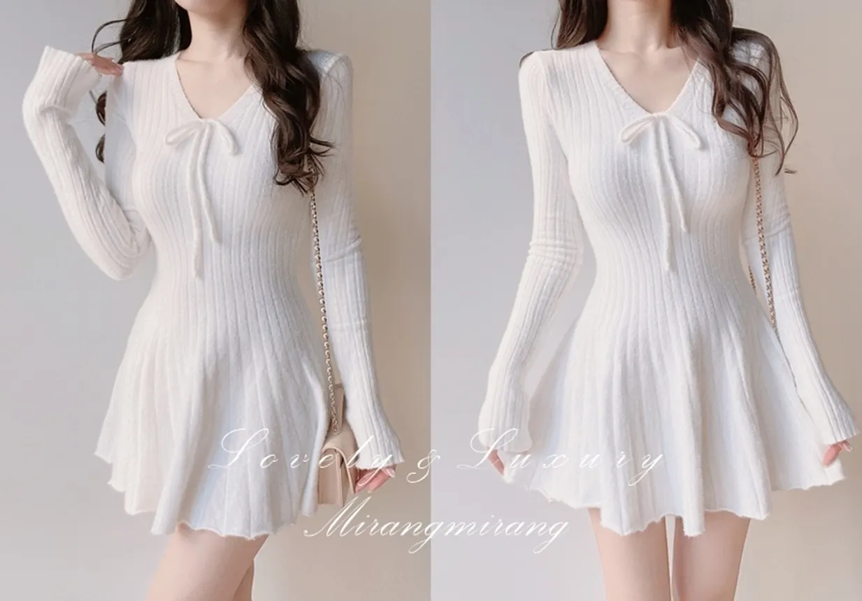 ニットフレアリボンVネックミニワンピース | mirangmirang | 詳細画像1