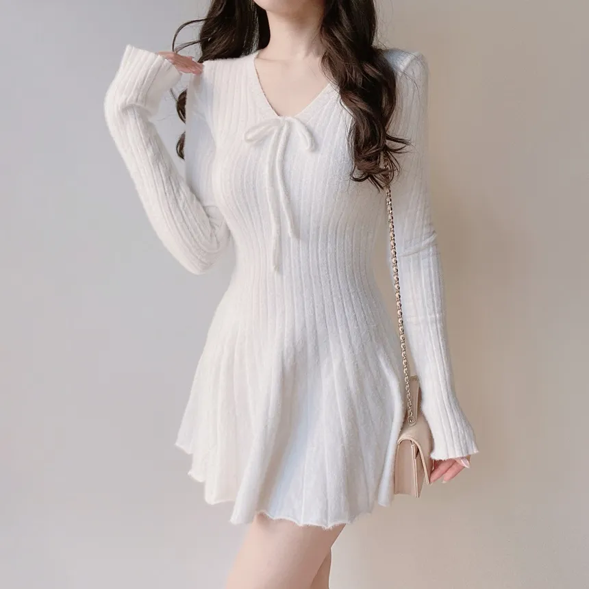 ニットフレアリボンVネックミニワンピース | mirangmirang | 詳細画像2