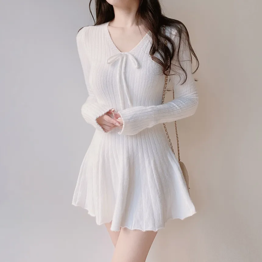 ニットフレアリボンVネックミニワンピース | mirangmirang | 詳細画像6