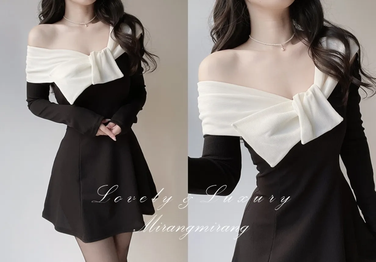 オフショルダーミニ配色ワンピース | mirangmirang | 詳細画像1