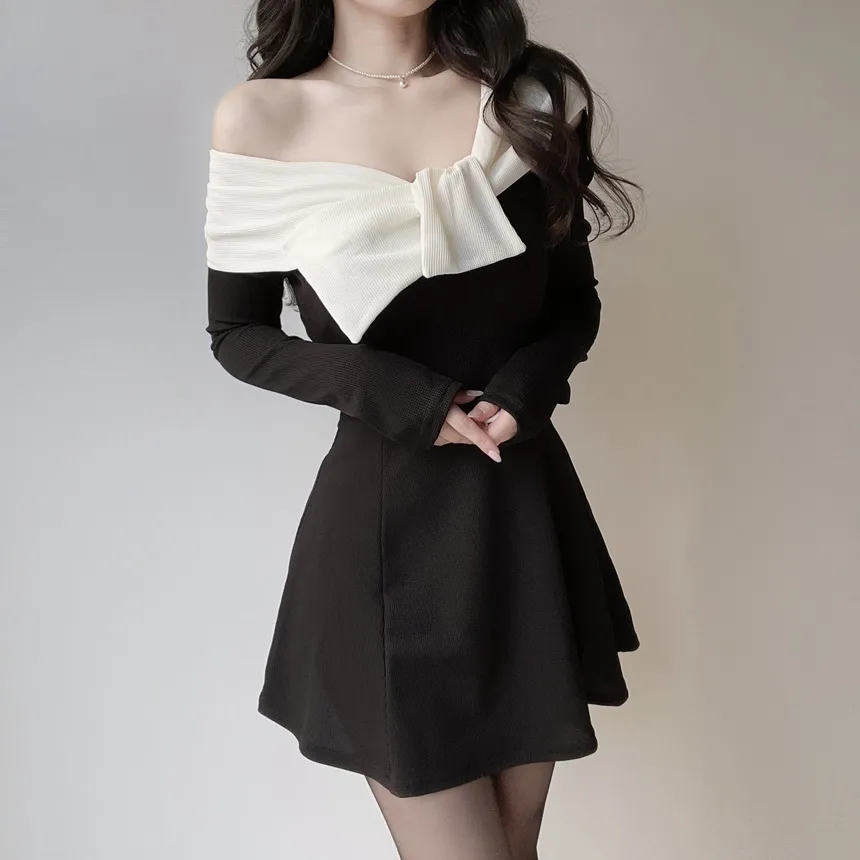 オフショルダーミニ配色ワンピース | mirangmirang | 詳細画像2