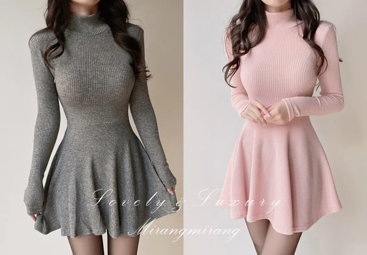 リブフレアタートルネックミニワンピース | mirangmirang | 詳細画像1
