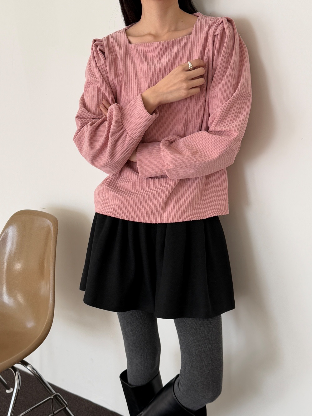 コーデュロイスクエアネックピンタックパフスリーブカラーブラウス | 詳細画像6