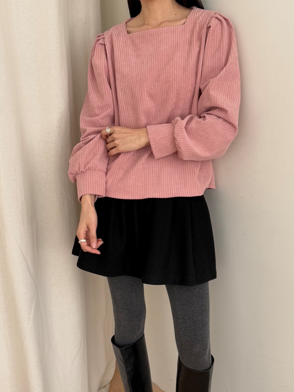 コーデュロイスクエアネックピンタックパフスリーブカラーブラウス | 詳細画像7