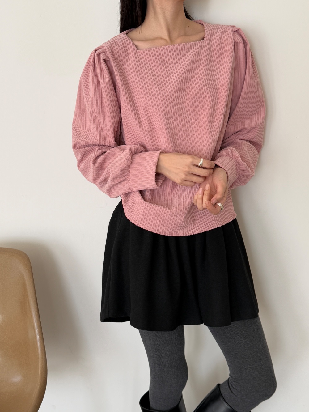 コーデュロイスクエアネックピンタックパフスリーブカラーブラウス | 詳細画像8
