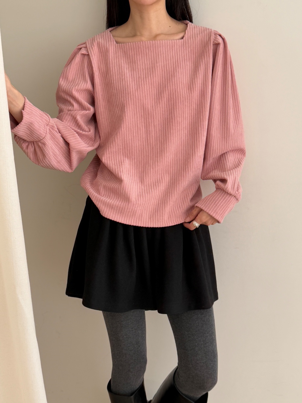 コーデュロイスクエアネックピンタックパフスリーブカラーブラウス | 詳細画像11