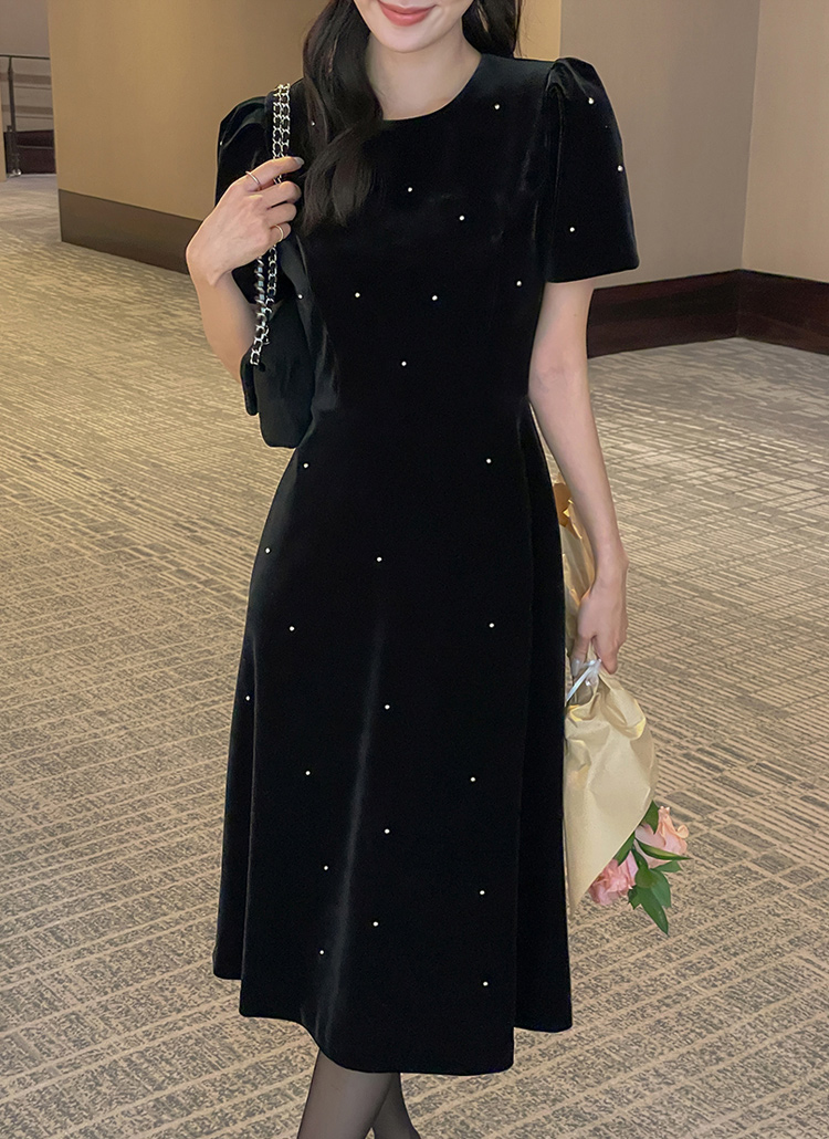 ベロアラウンドネックロング半袖Aラインスタッズミニワンピース2TYPE