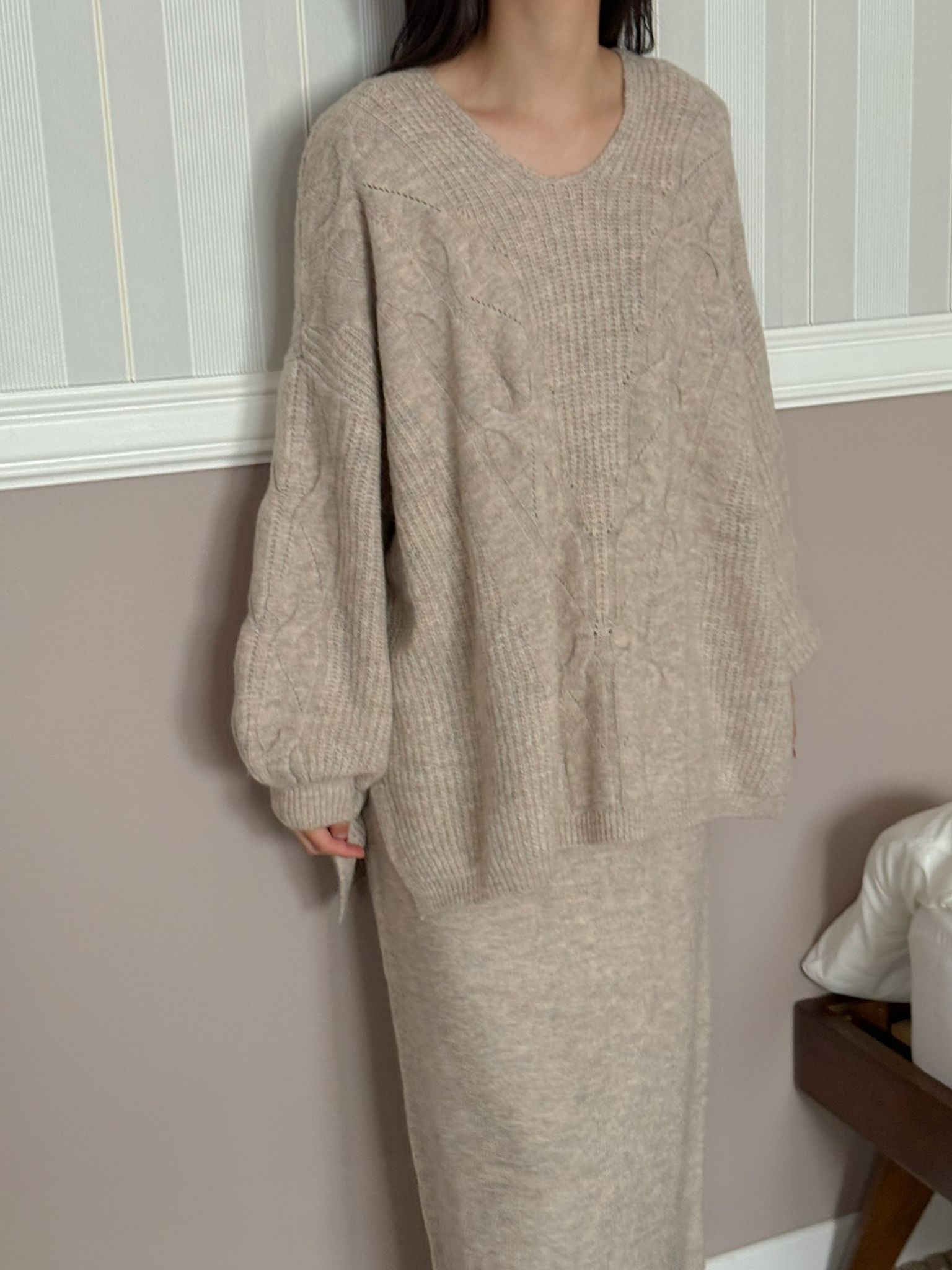 VネックスリットウエストゴムオーバーサイズHライン(ロング丈)スカートニット | 詳細画像4