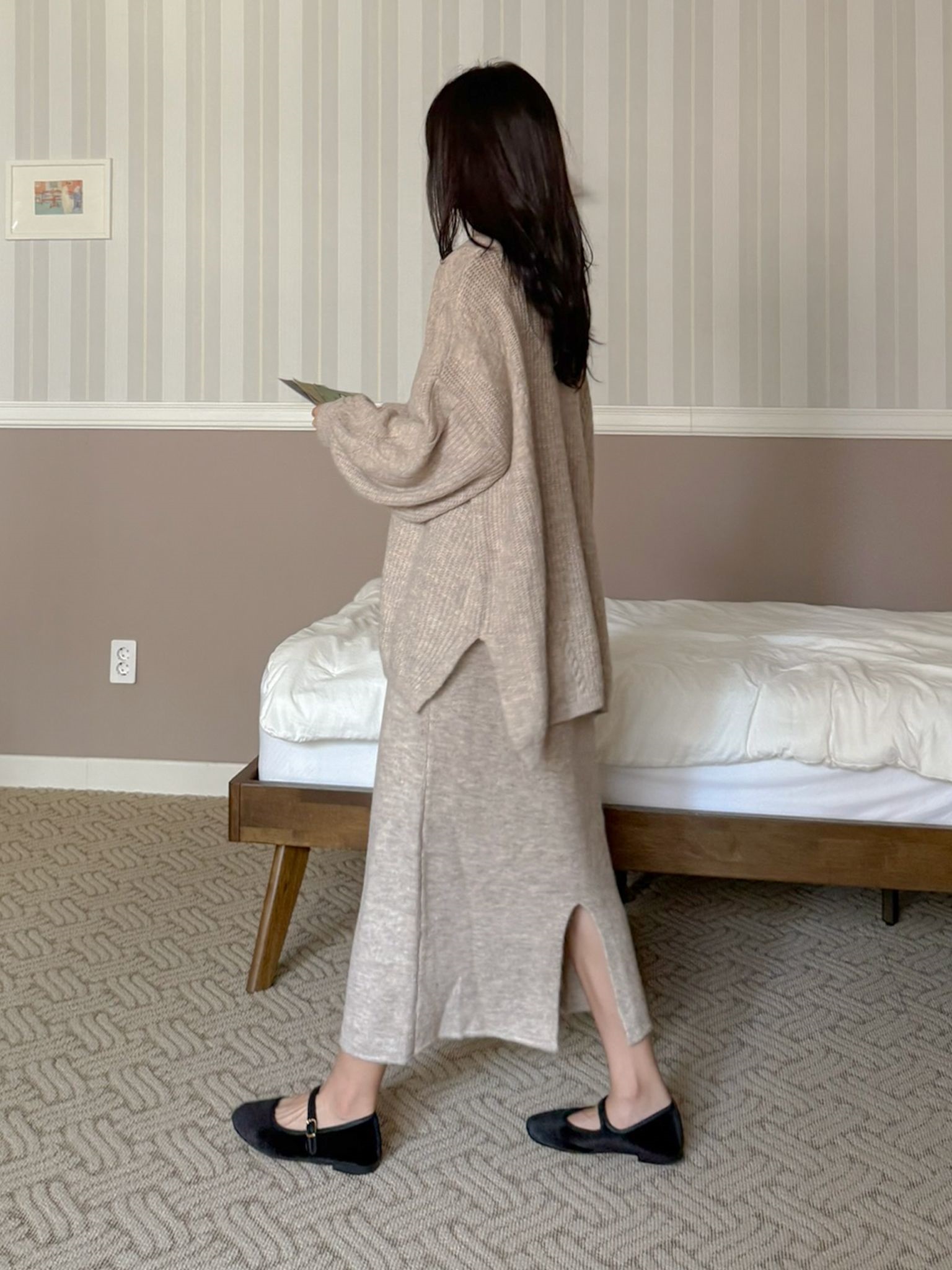 VネックスリットウエストゴムオーバーサイズHライン(ロング丈)スカートニット | 詳細画像6