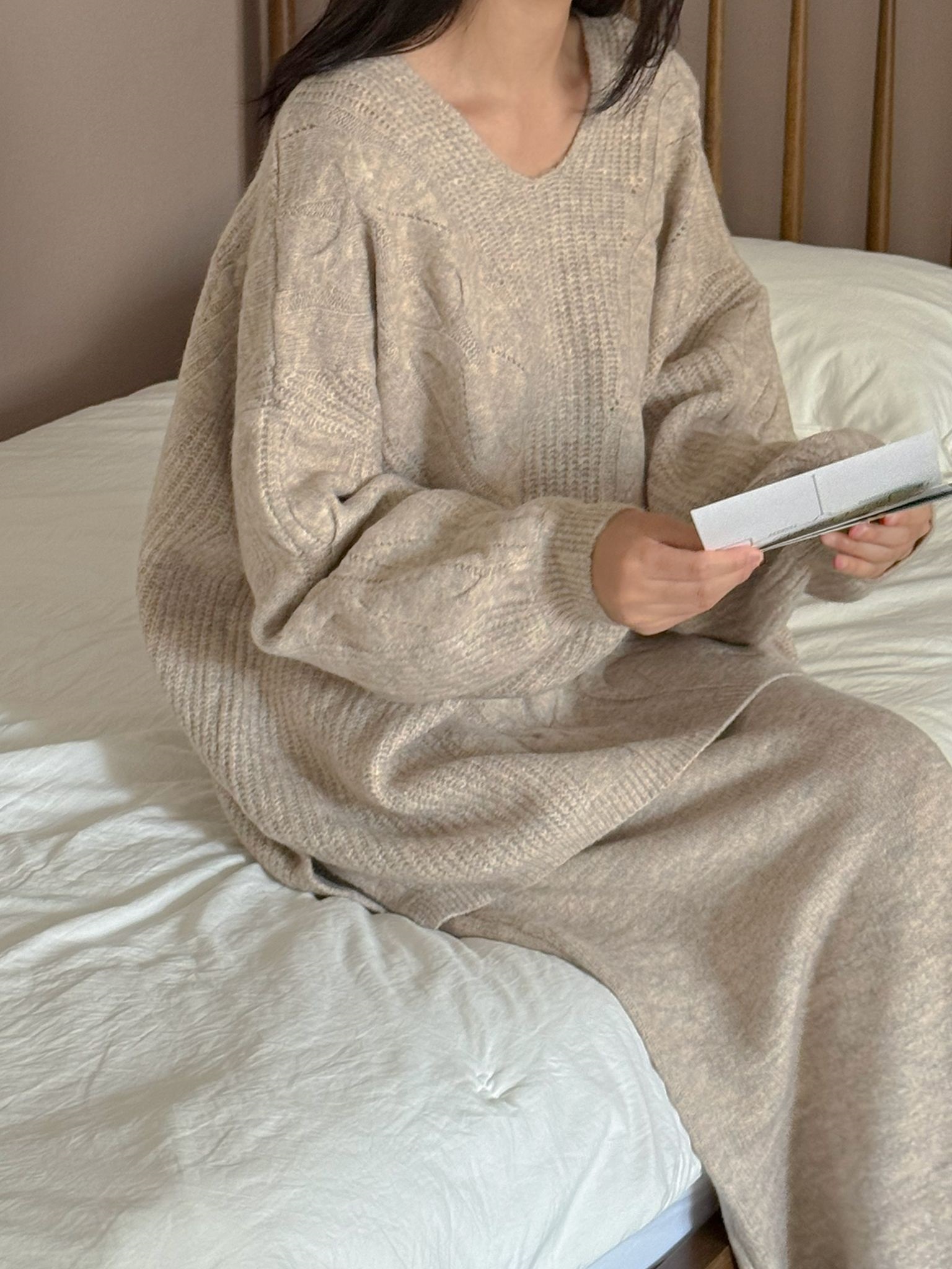 VネックスリットウエストゴムオーバーサイズHライン(ロング丈)スカートニット | 詳細画像7