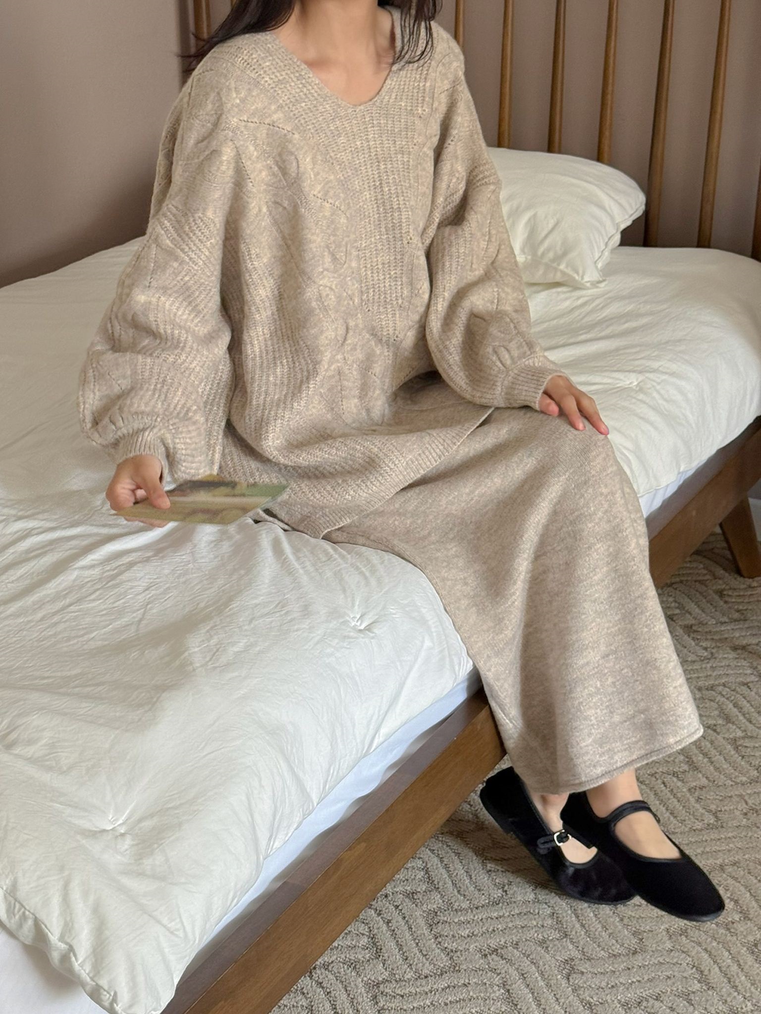 VネックスリットウエストゴムオーバーサイズHライン(ロング丈)スカートニット | 詳細画像8