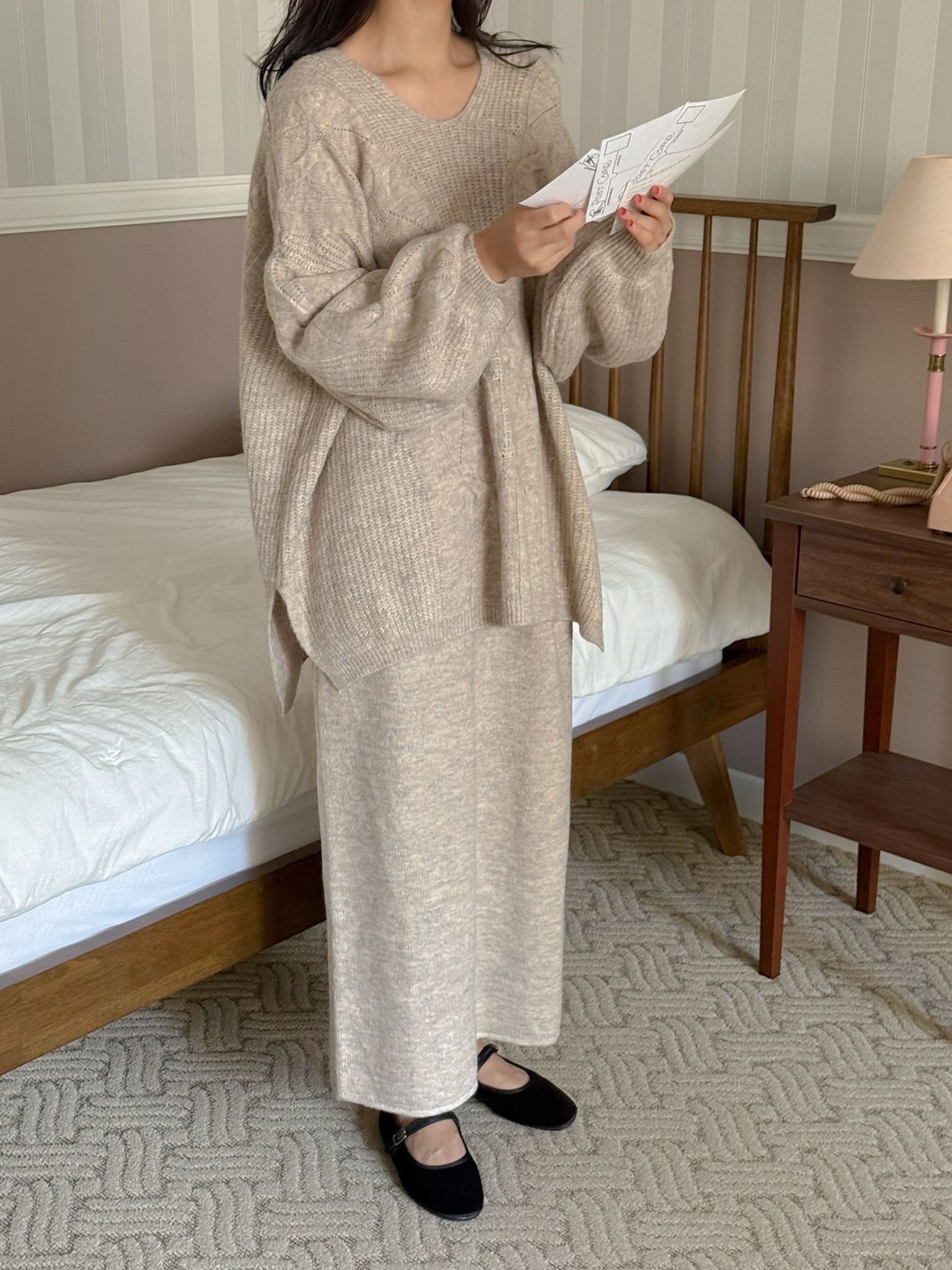 VネックスリットウエストゴムオーバーサイズHライン(ロング丈)スカートニット | 詳細画像11