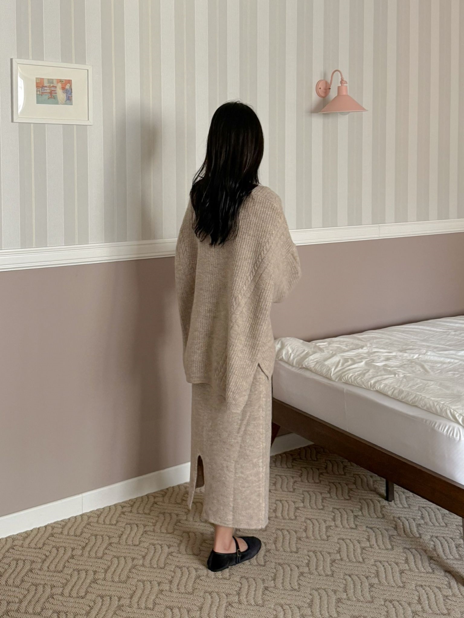 VネックスリットウエストゴムオーバーサイズHライン(ロング丈)スカートニット | 詳細画像12