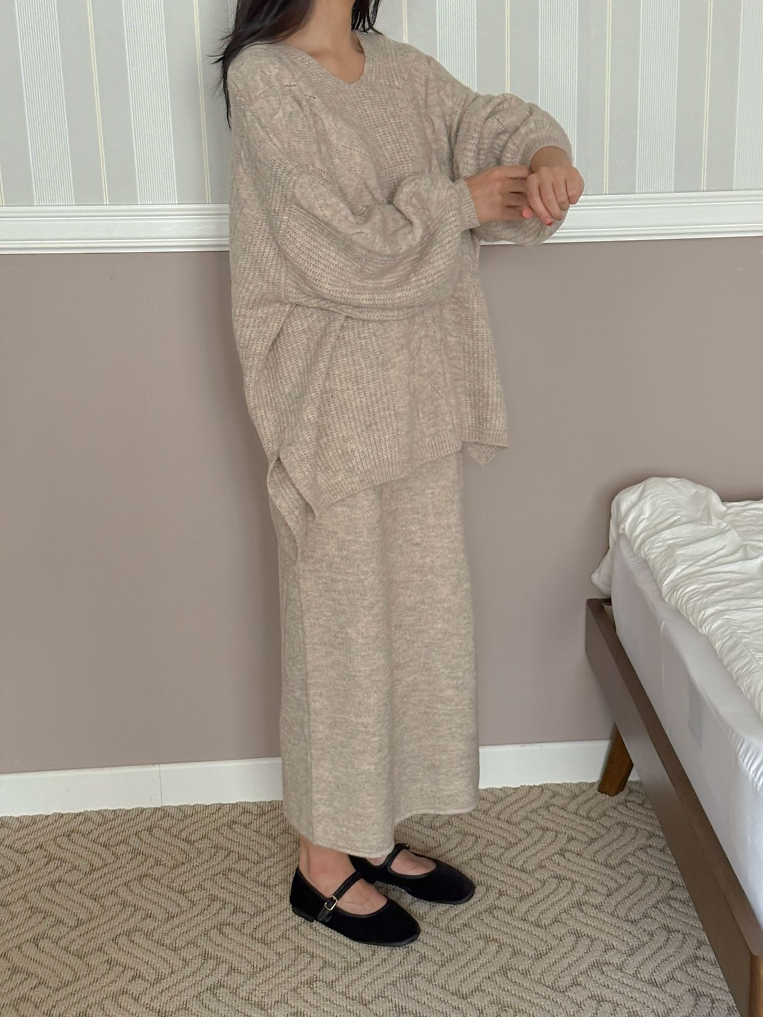 VネックスリットウエストゴムオーバーサイズHライン(ロング丈)スカートニット | 詳細画像13