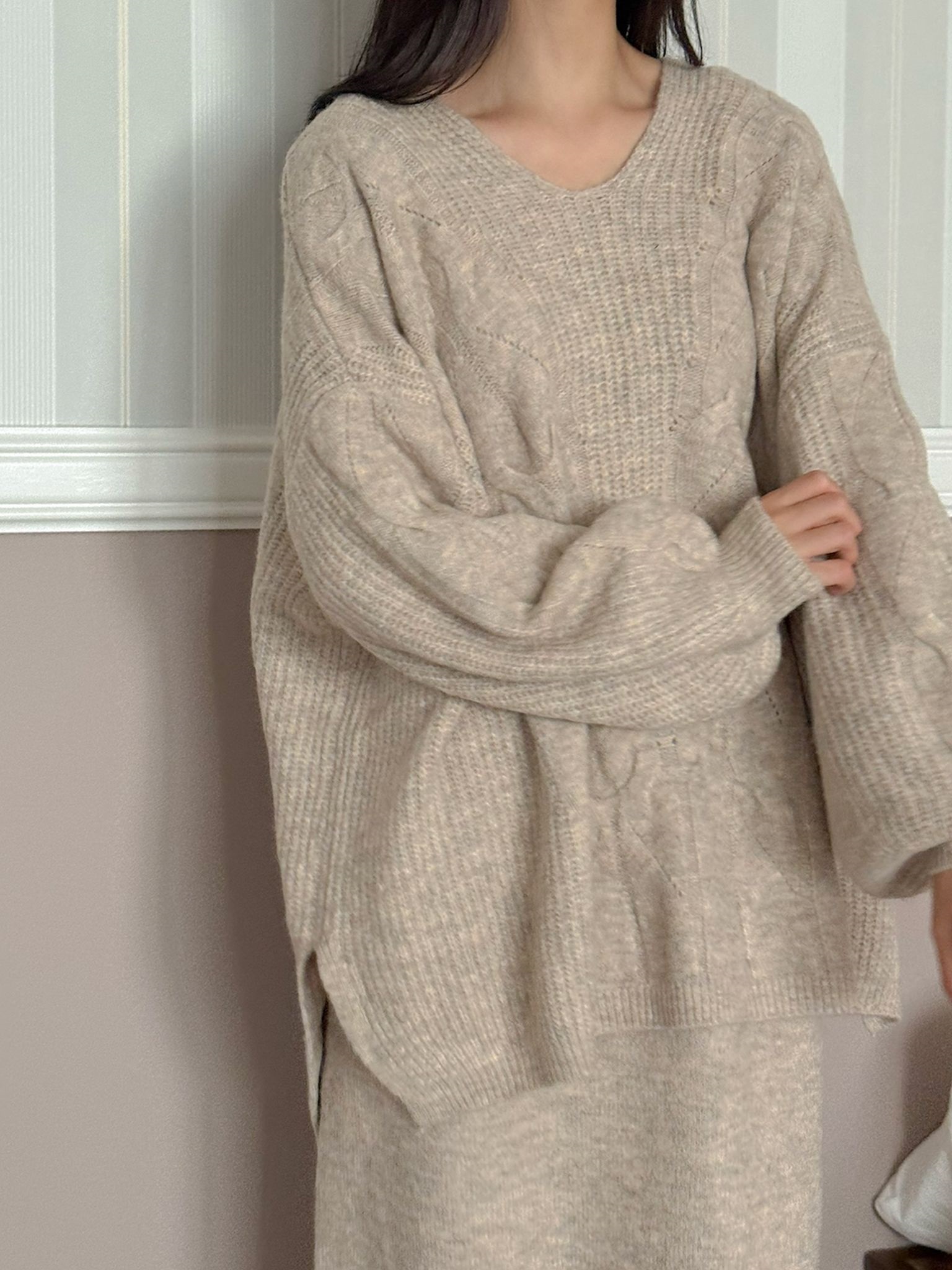 VネックスリットウエストゴムオーバーサイズHライン(ロング丈)スカートニット | 詳細画像15