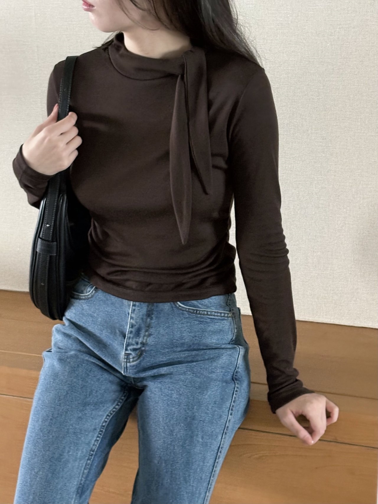 ボウタイハーフネックシャーリング長袖無地Tシャツ | 詳細画像2