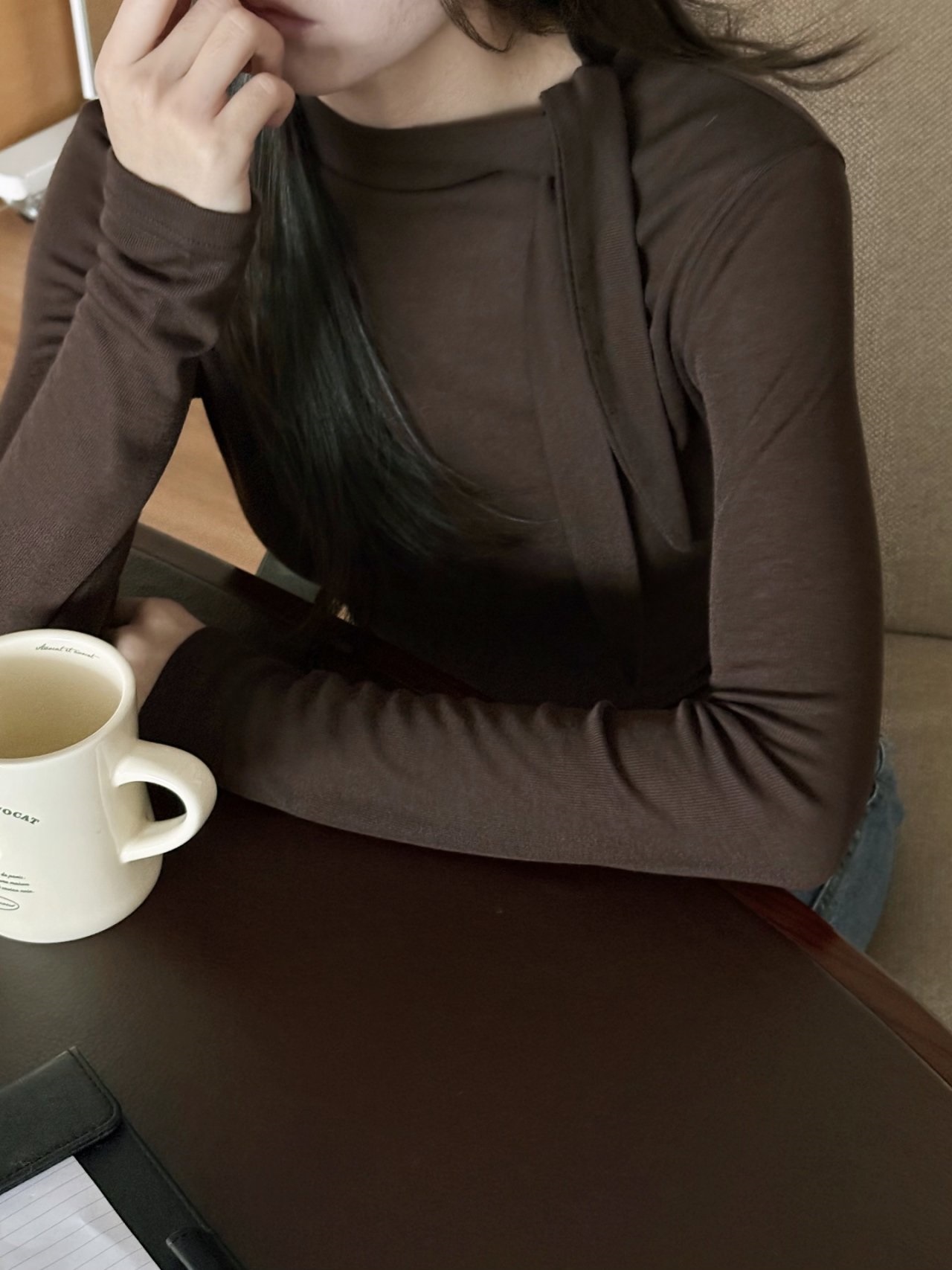 ボウタイハーフネックシャーリング長袖無地Tシャツ | 詳細画像3