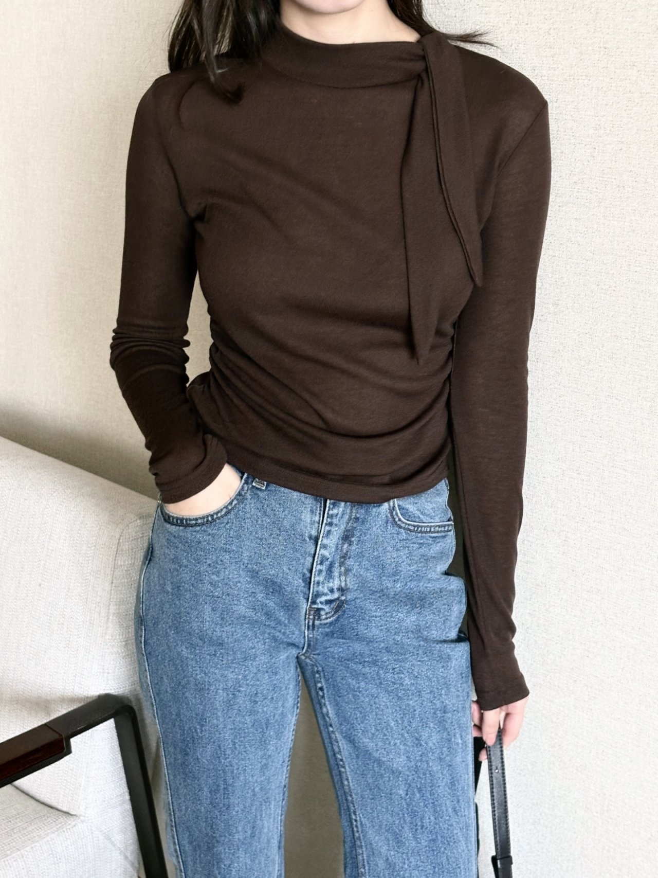 ボウタイハーフネックシャーリング長袖無地Tシャツ | 詳細画像4