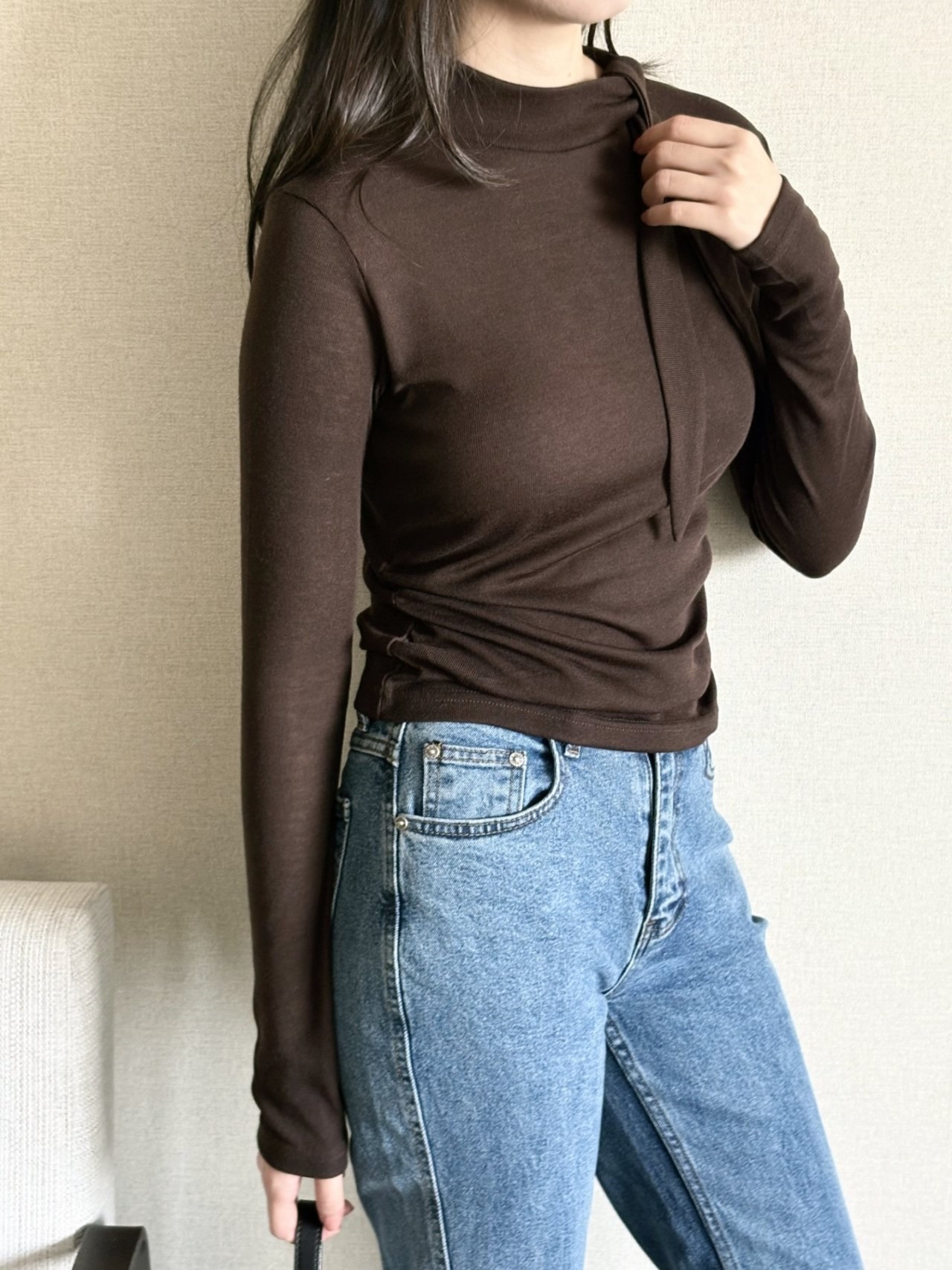 ボウタイハーフネックシャーリング長袖無地Tシャツ | 詳細画像5