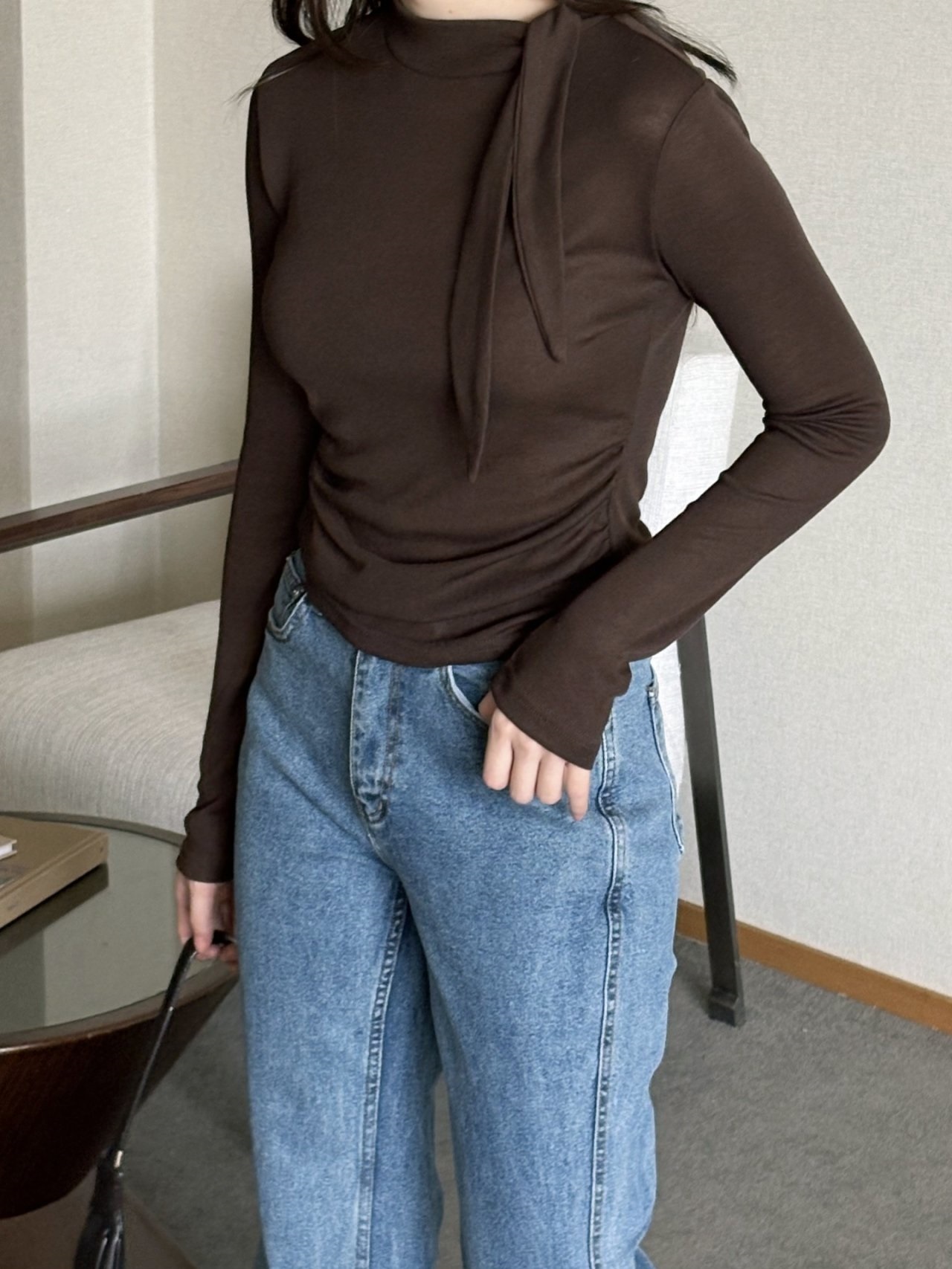 ボウタイハーフネックシャーリング長袖無地Tシャツ | 詳細画像6