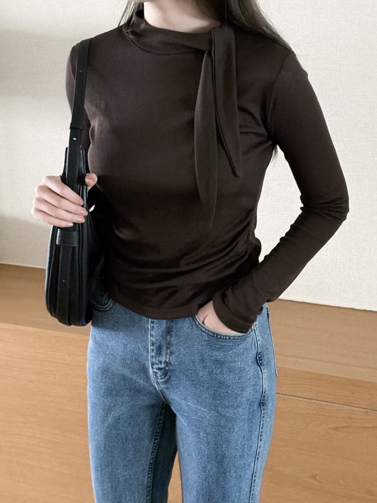 ボウタイハーフネックシャーリング長袖無地Tシャツ | 詳細画像7