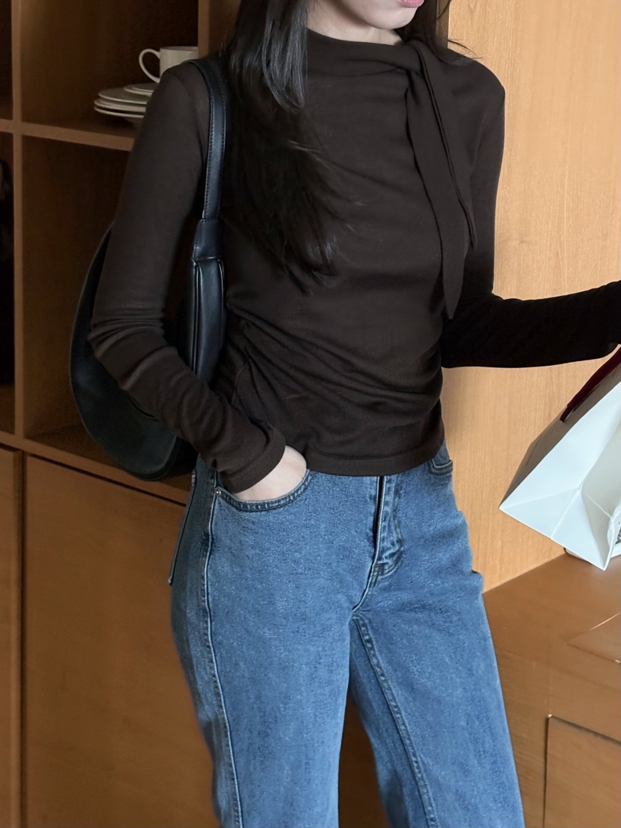 ボウタイハーフネックシャーリング長袖無地Tシャツ | 詳細画像9