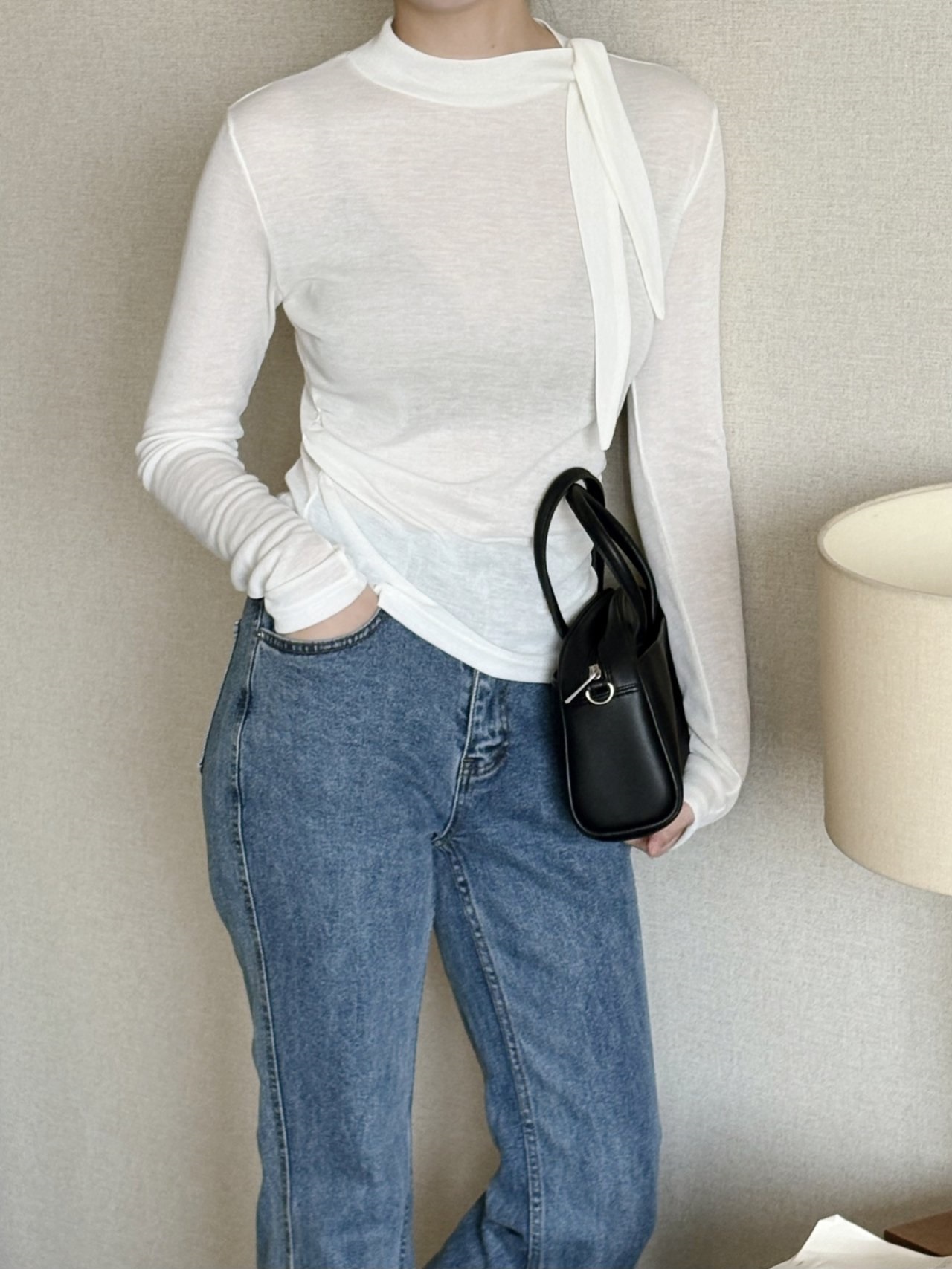 ボウタイハーフネックシャーリング長袖無地Tシャツ | 詳細画像13