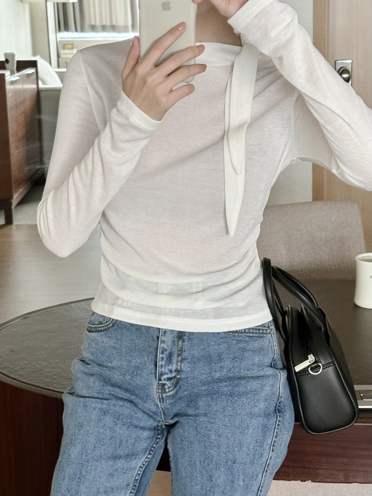 ボウタイハーフネックシャーリング長袖無地Tシャツ | 詳細画像14