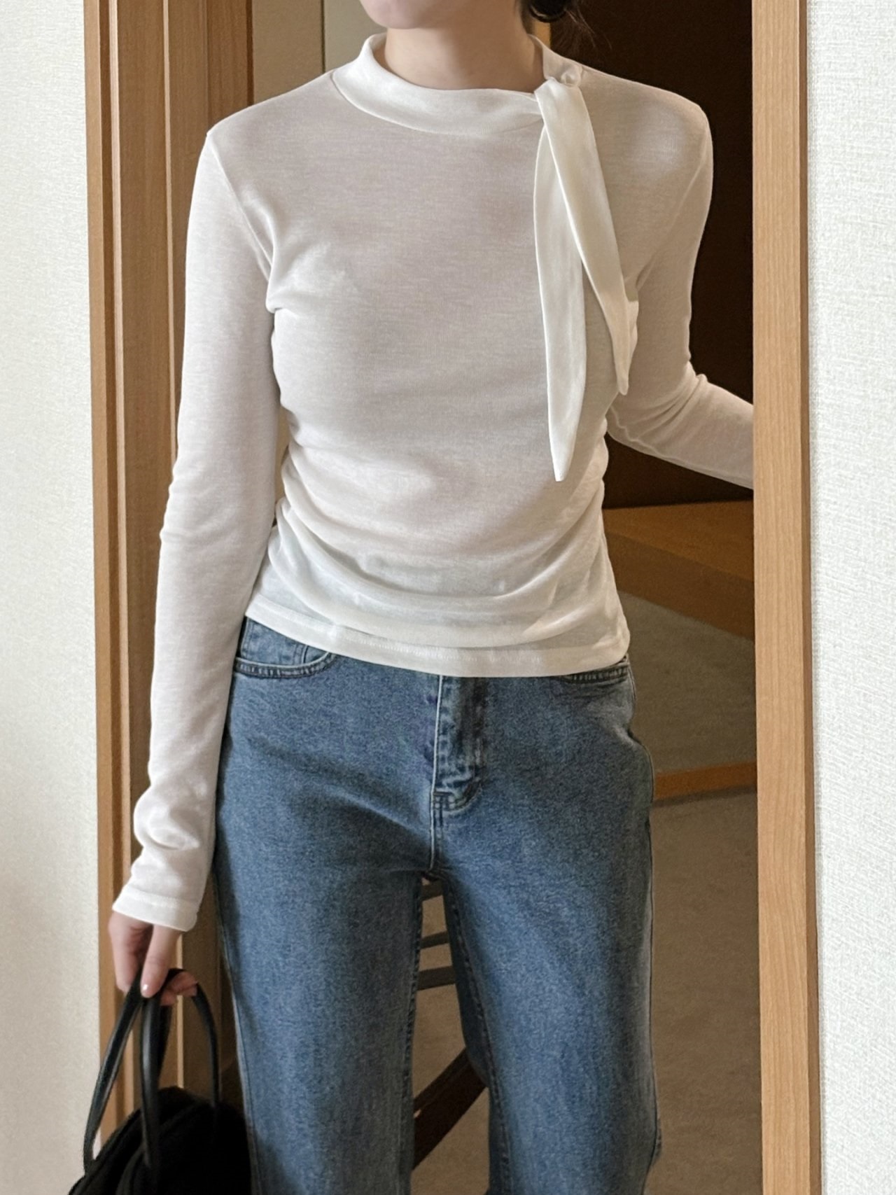 ボウタイハーフネックシャーリング長袖無地Tシャツ | 詳細画像15