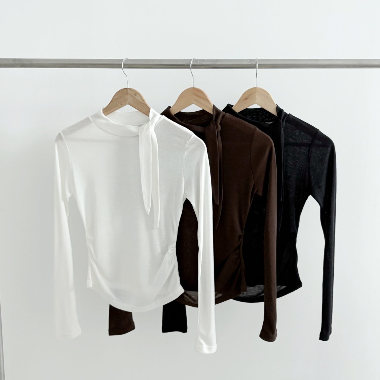 ボウタイハーフネックシャーリング長袖無地Tシャツ | 詳細画像19