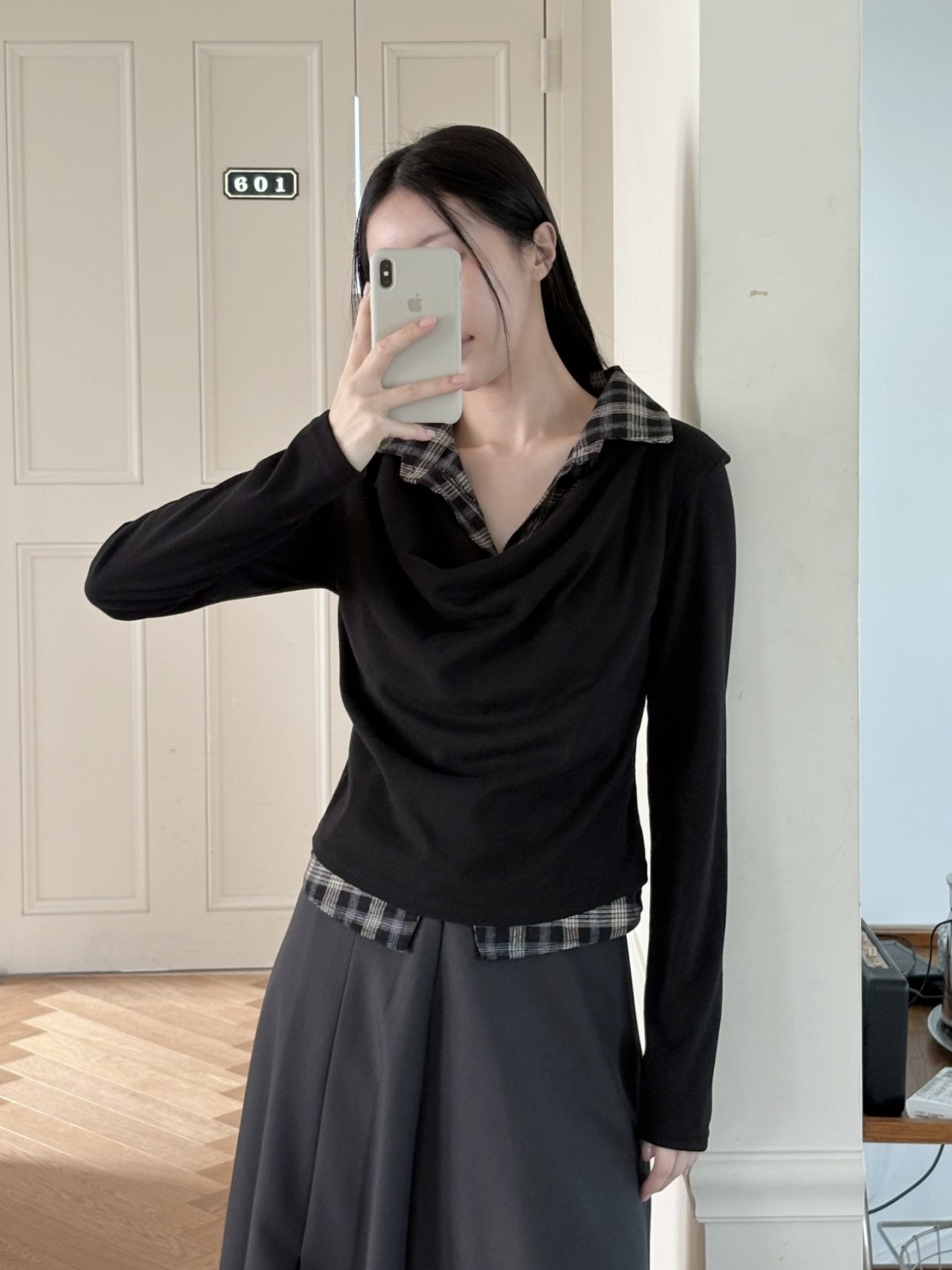 ドレープカラーレイヤード風長袖配色チェックTシャツ | 詳細画像2