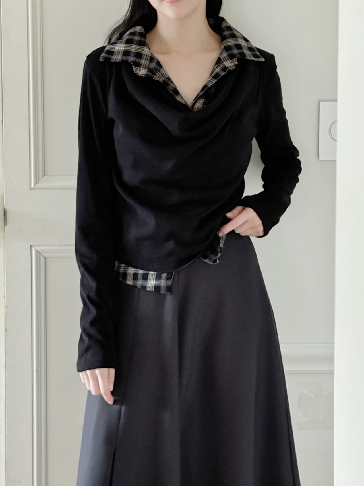 ドレープカラーレイヤード風長袖配色チェックTシャツ | 詳細画像3