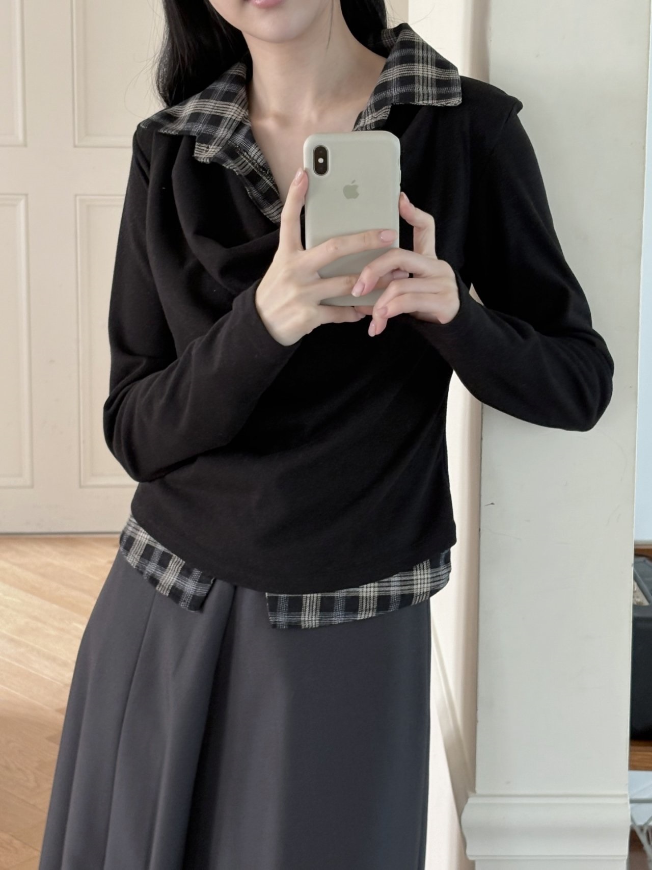 ドレープカラーレイヤード風長袖配色チェックTシャツ | 詳細画像4