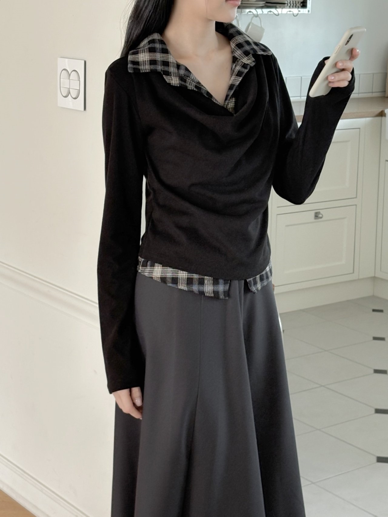 ドレープカラーレイヤード風長袖配色チェックTシャツ | 詳細画像5