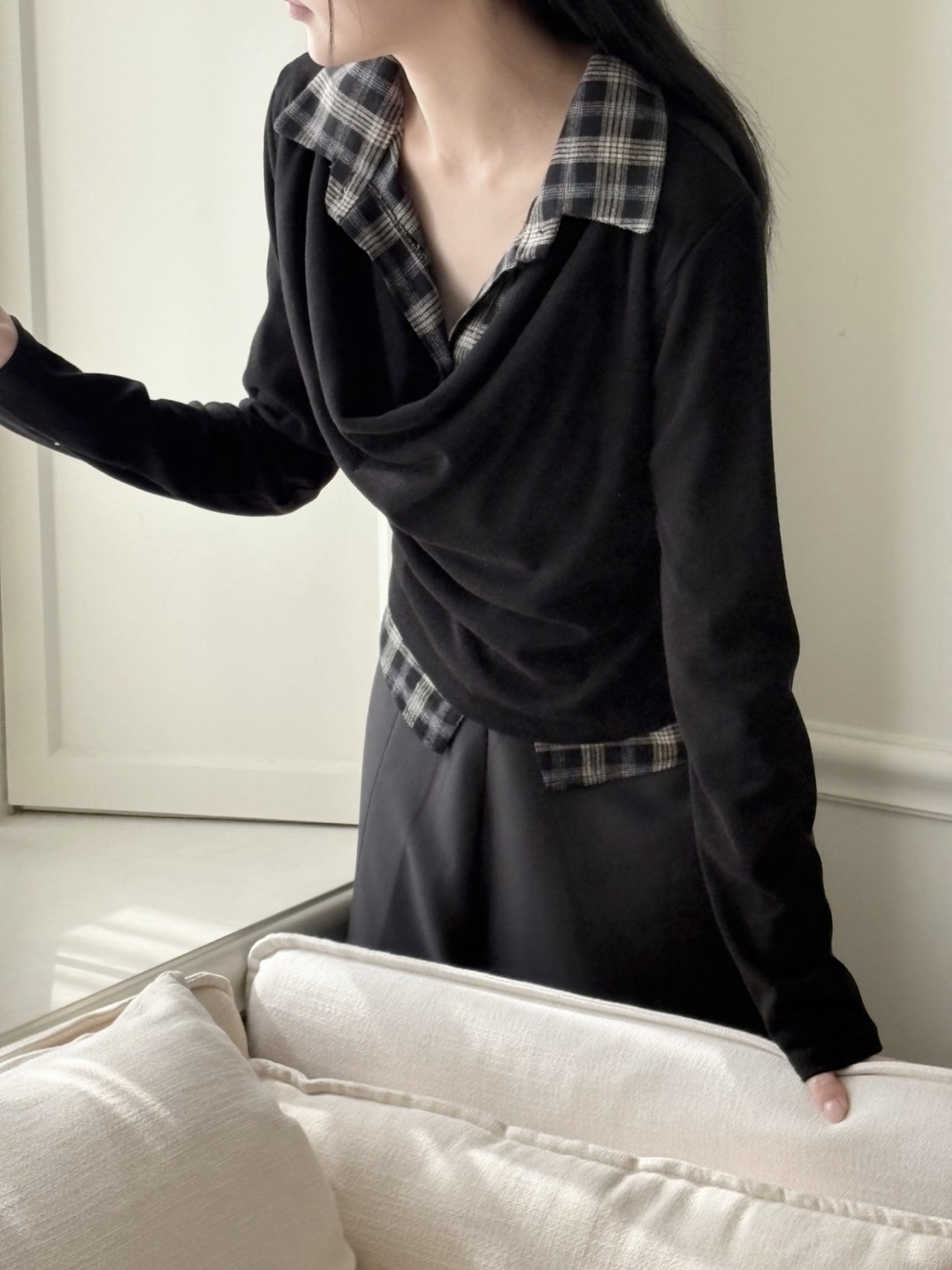 ドレープカラーレイヤード風長袖配色チェックTシャツ | 詳細画像6