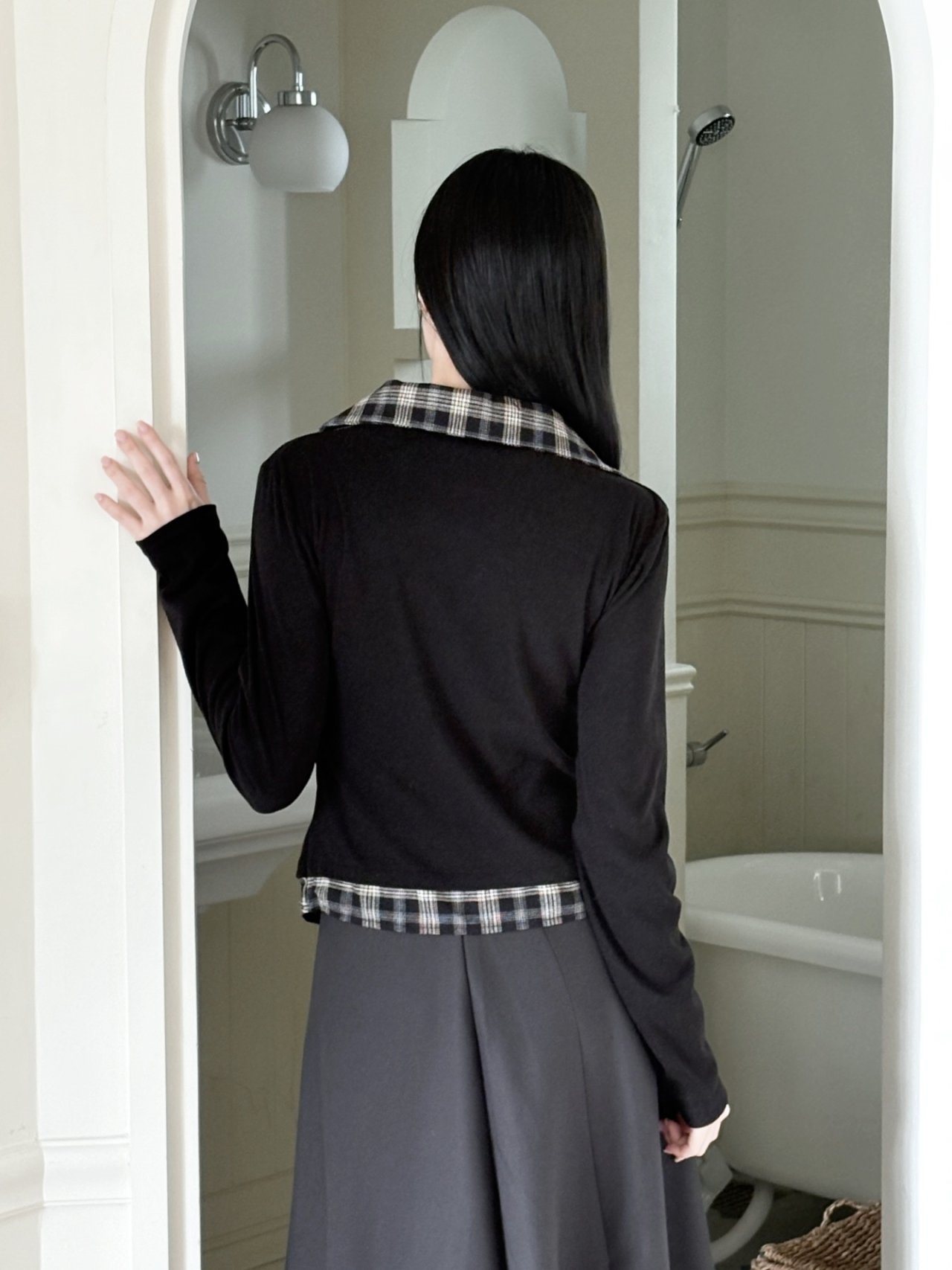 ドレープカラーレイヤード風長袖配色チェックTシャツ | 詳細画像7